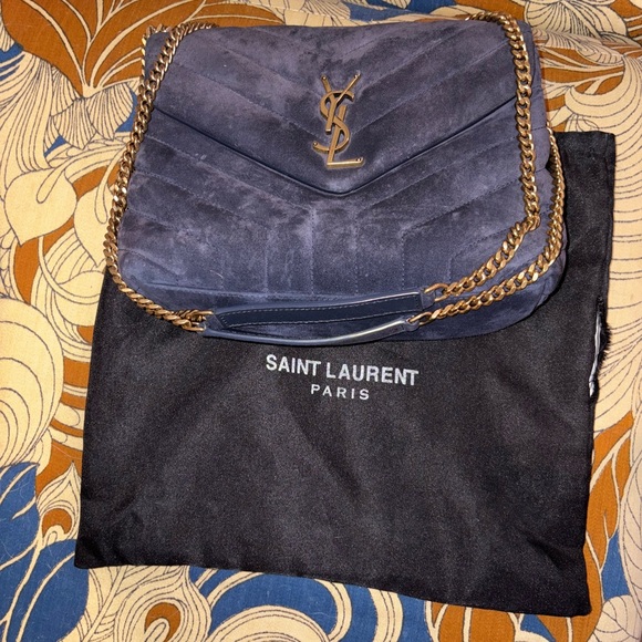 Saint Laurent Navy Suede Bag with Gold Chain Loulou - Picture 1 of 5